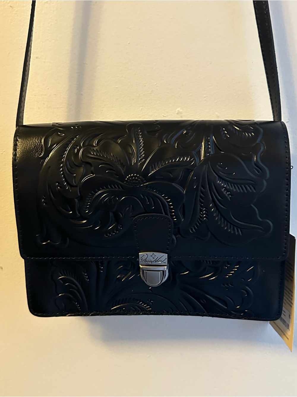 Patricia Nash Tooled Collection Black Embossed Floral Leather Crossbody